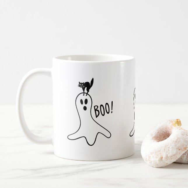 Taza De Café Fantasma y gato negro Halloween Spookone Cute (Con donut)