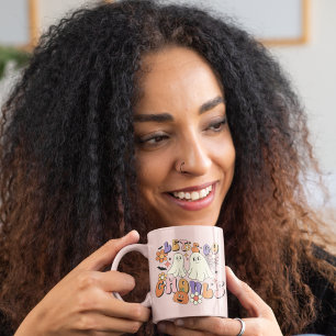 Taza De Café Fantasmas de Halloween Retro Rosado