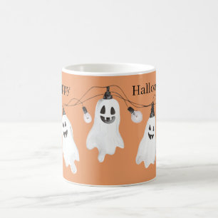 Taza De Café Fantasmas Naranjas Blancos Bombillas Halloween