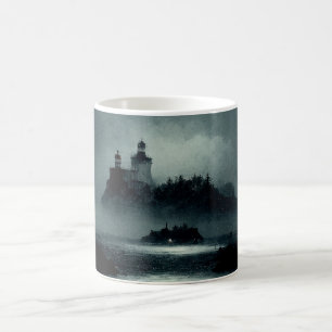 Taza De Café Fantasy Island Lighthouse Misty Foggy Oscuro Noche