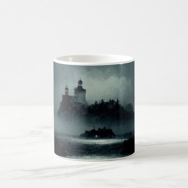 Taza De Café Fantasy Island Lighthouse Misty Foggy Oscuro Noche (Centro)