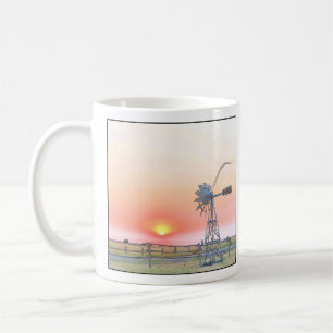 Taza De Café Farm Scene at Sunset with Rustic Windmill