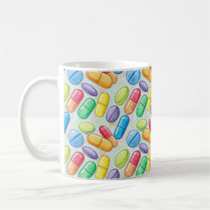 Taza De Café Farmacéutico Pincel Aquarela Pastillas Rojas Azule
