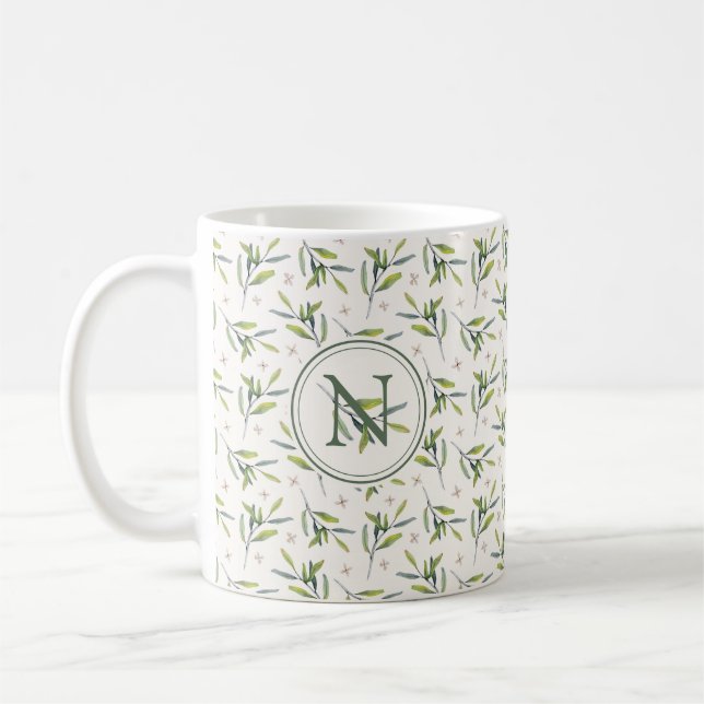Taza De Café Farmhouse Botanical Watercolor Greenery Initial N (Izquierda)