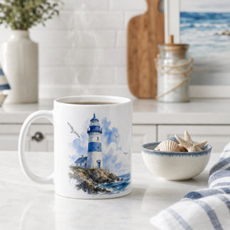 Taza de café Faro Azul y Blanco Acuarela