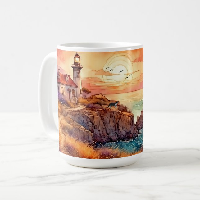 Taza De Café Faro costero acuático y gato (Anverso izquierdo)