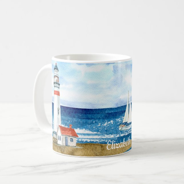 Taza De Café Faro de acuarela personalizado Playa de vela (Anverso izquierdo)