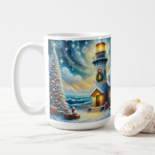 Taza De Café Faro de árbol de navidad azul costero náutico
