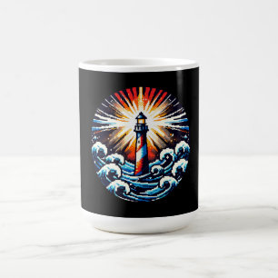 Taza De Café Faro de Pixel - Olas oceánicas y playa costera