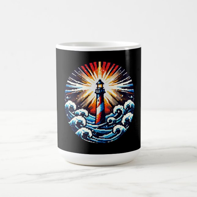 Taza De Café Faro de Pixel - Olas oceánicas y playa costera (Centro)