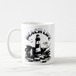 Taza De Café Faro de playa vida en blanco y negro
