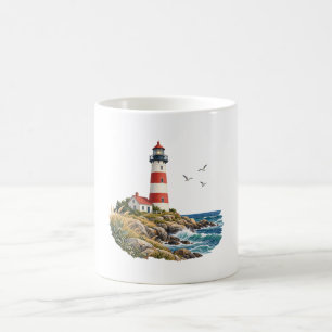 Taza De Café Faro de rayas rojas en una costa azul rocosa