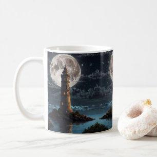 Taza De Café Faro iluminado por la luz de la luna en una noche