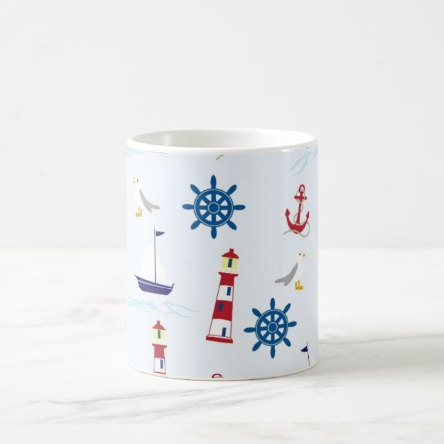 Taza De Café Faro Náutico, Ancla, Rueda, Gaviota y Barco (Centro)