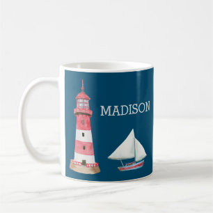 Taza De Café Faro Náutico Nombre Velero Rojo Blanco Azul