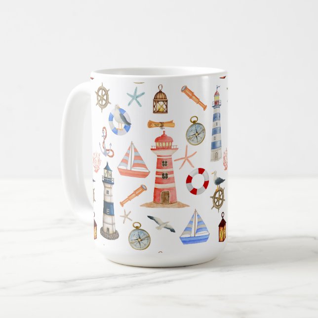 Taza De Café Faro Náutico Y Velero (Anverso izquierdo)