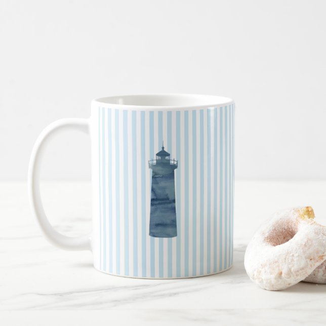 Taza De Café Faro Pintado Náutico Tiras Azules Tragar Arte (Con donut)
