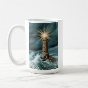 Taza De Café faro pintado y dibujado a mano junto al mar