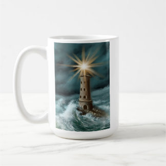 Taza De Café faro pintado y dibujado a mano junto al mar