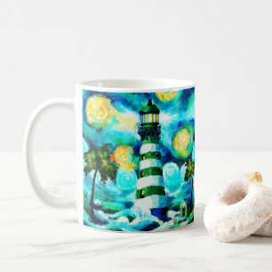 Taza De Café Faro tropical y palmeras impresionistas