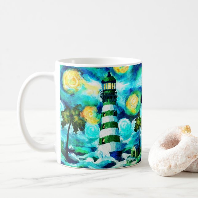 Taza De Café Faro tropical y palmeras impresionistas (Con donut)
