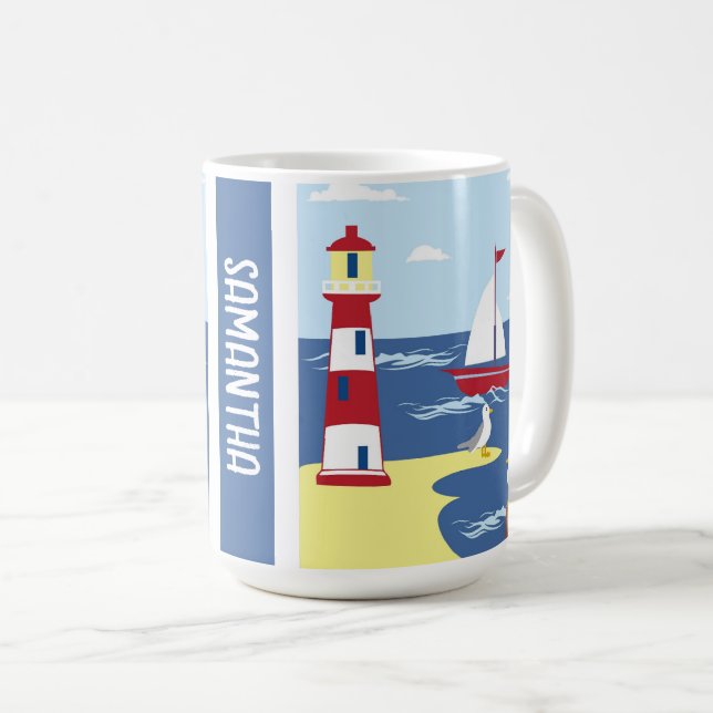 Taza De Café Faro y arte marítimo de barca personalizados (Anverso derecho)