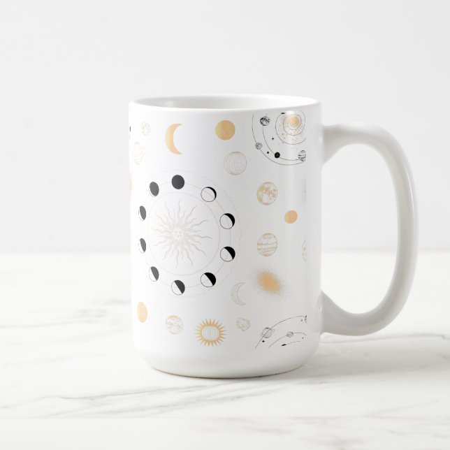 Taza De Café Fases lunares planetas orbitar oro blanco negro (Derecha)