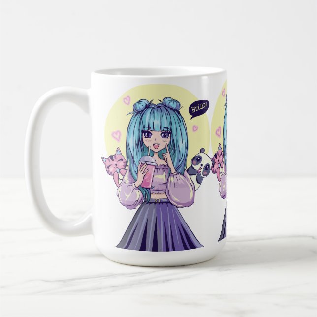 Taza De Café Fashionista: Chica azul-haitiano con panda y gato (Izquierda)