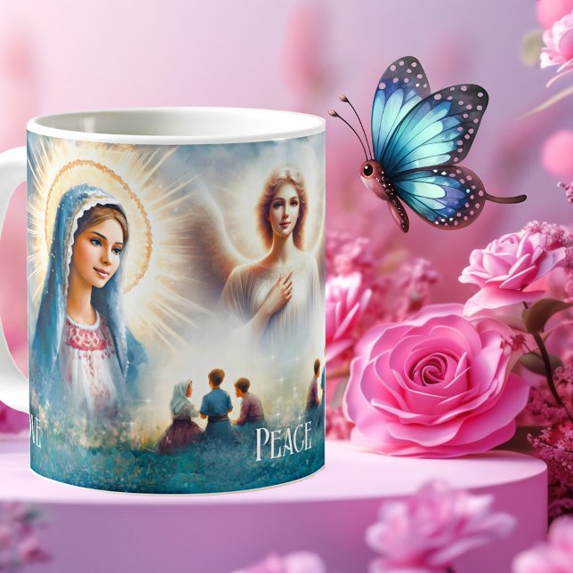 Taza De Café Fátima Angel Aparition Christian Religious Mug (Mug featuring the apparition of Fátima in Portugal to three children - angel - Christian - religious)