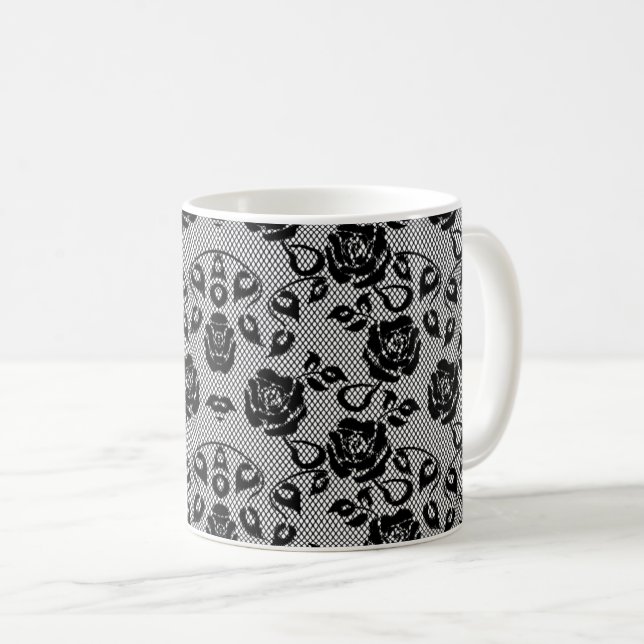 Taza De Café Faux Black Lace Rosas Fishnet Coffee Mug (Anverso derecho)