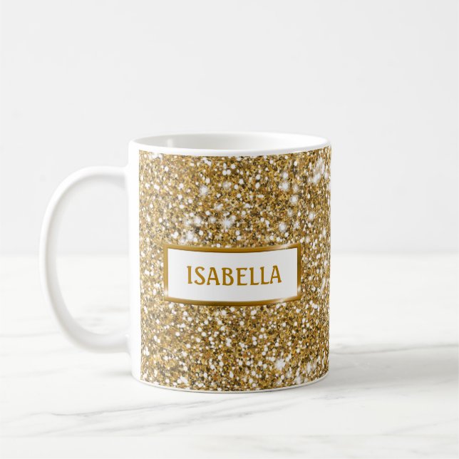 Taza De Café Faux Golden Yellow Purpurina Textura Look & Name (Izquierda)