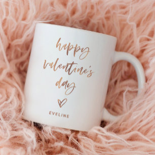 Taza De Café Faux Rosa Gold   Script informal y Heart Valentine