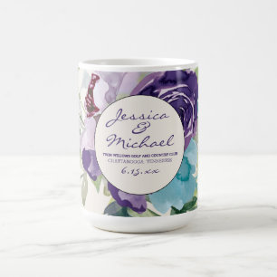 Taza De Café Favor de boda floral con acuarela azul morado