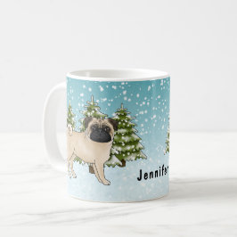 Taza De Café Fawn Pug Cute Cartoon Dog Snowley Winter Forest