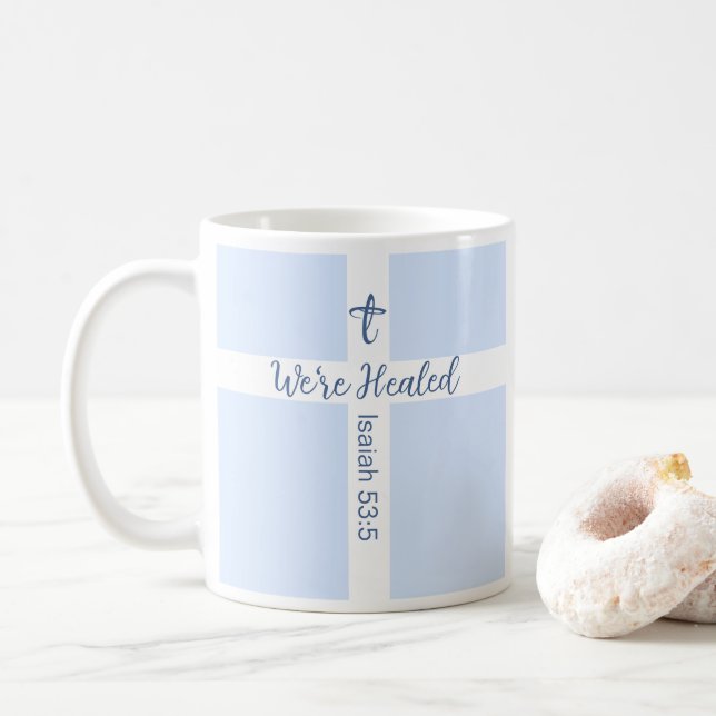 Taza De Café Fe cristiana azul claro sanar bíblica verse (Con donut)