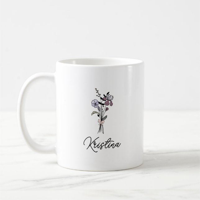 Taza De Café Febrero Nacimiento Flor y Elegante Script Nombre (Izquierda)