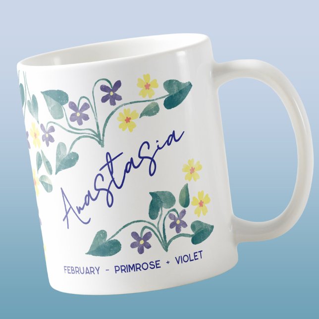 Taza De Café February Birth Flower Custom Name Primrose Violet (February birth month flowers primrose violet personalized custom name coffee mug with watercolor art)