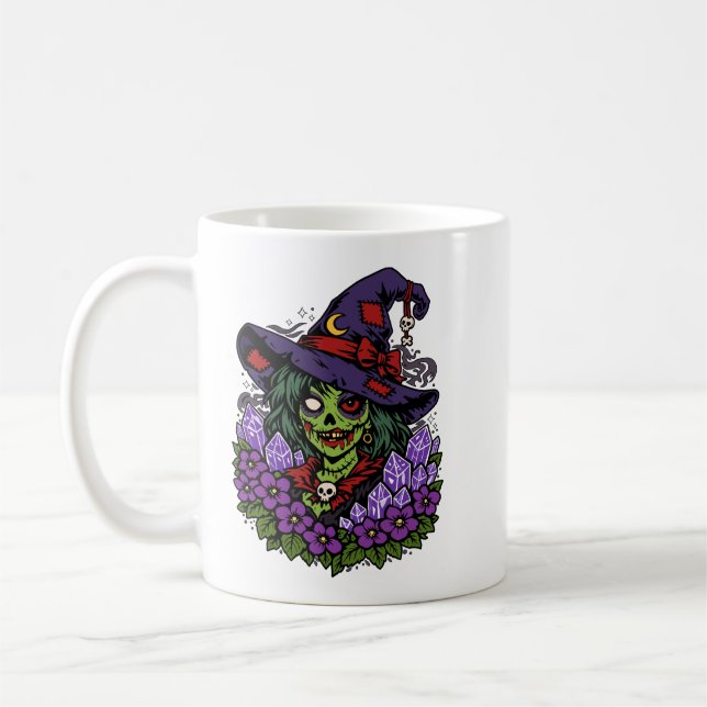 Taza De Café February Zombie Witch with Gems and Flowers (Izquierda)