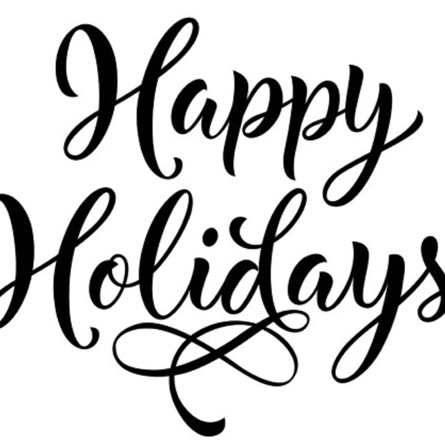 Taza De Café Felices Fiestas (Calligraphic text that reads "Happy Holidays" in a flowing, elegant script, black ink on a white bac)