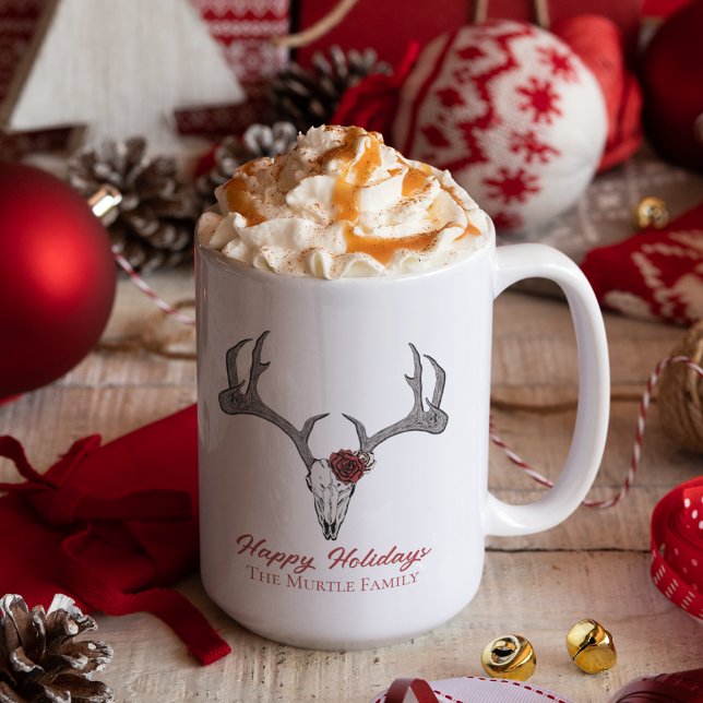 Taza De Café Felices Fiestas Floral Reindeer Skull Bull Skull (Elegant and Rustic Country Christmas Reindeer Skull and Red Roses Mug. Hand Drawn Illustration.)