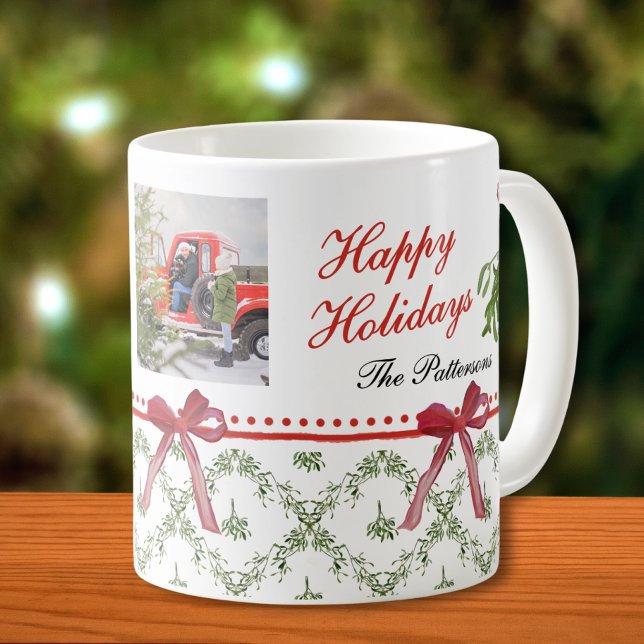 Taza De Café Felices fiestas Mistletoe Red Bow Family Photo (Subido por el creador)