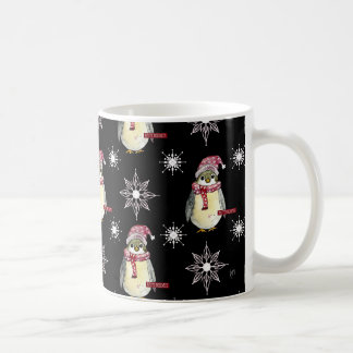 Taza De Café Felices Fiestas Pingüinos y Copos de Nieve en Negr