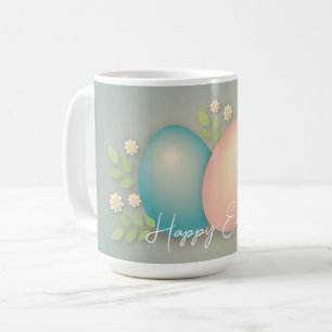 Taza De Café Felices huevos de Pascua y flores de primavera azu