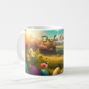 Taza De Café Felices Pascuas en un paisaje primaveral