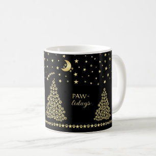 Taza De Café Felices Pawlidays, árbol de navidad Gold brillante