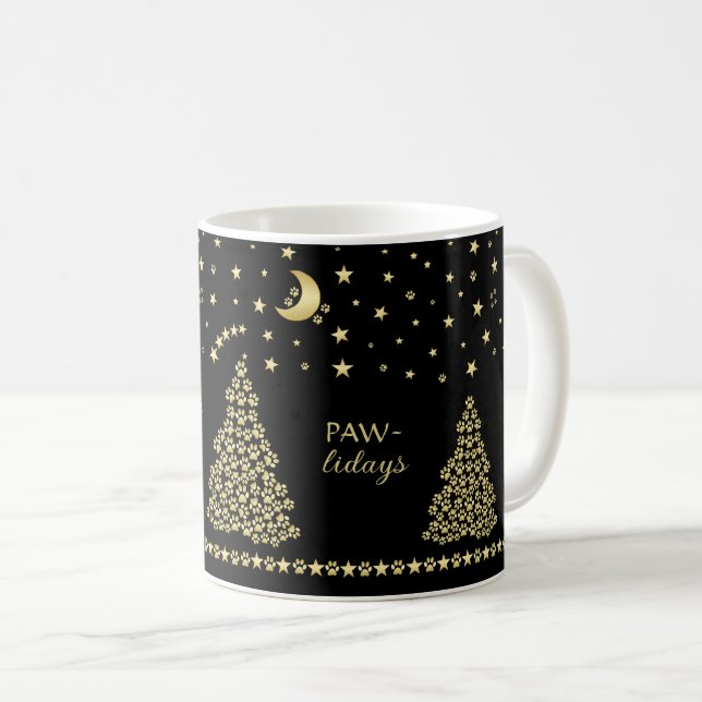 Taza De Café Felices Pawlidays, árbol de navidad Gold brillante (Anverso derecho)