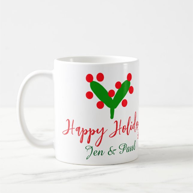 Taza De Café Felices vacaciones verde pareja roja nombre hoja v (Izquierda)