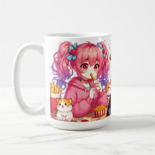 Taza De Café Felicidad del Anime: Chica, Papas y Mascota