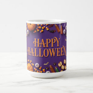 Taza De Café Feliciz Halloween Composición plana sobre fondo pú