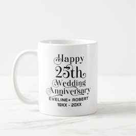 Taza De Café Feliz 25° Aniversario Boda Tipografía Negra
